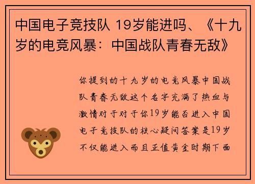 中国电子竞技队 19岁能进吗、《十九岁的电竞风暴：中国战队青春无敌》